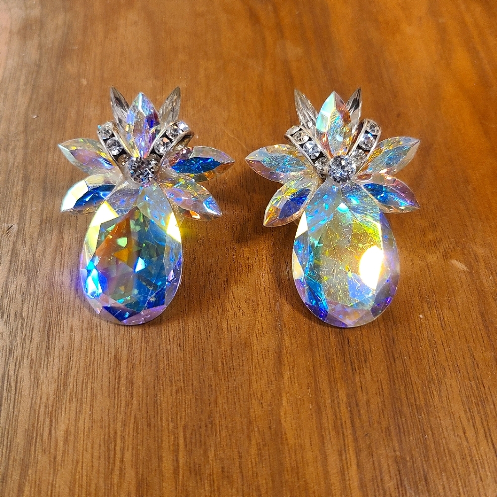 Vintage 80s Crystal Rhinestone Pagent Earrings,  Multi Color